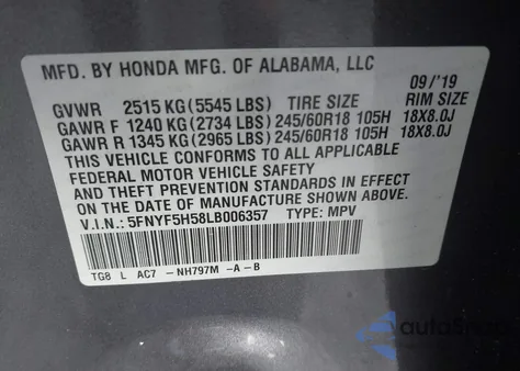 2020 Honda Pilot 2Wd Ex-L from USA, damaged, VIN 5FNYF5H58LB006357